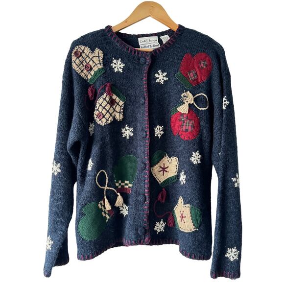Croft & Barrow Cardigan Women Large Blue Handknit Silk Christmas Mittens Sweater - Picture 1 of 9